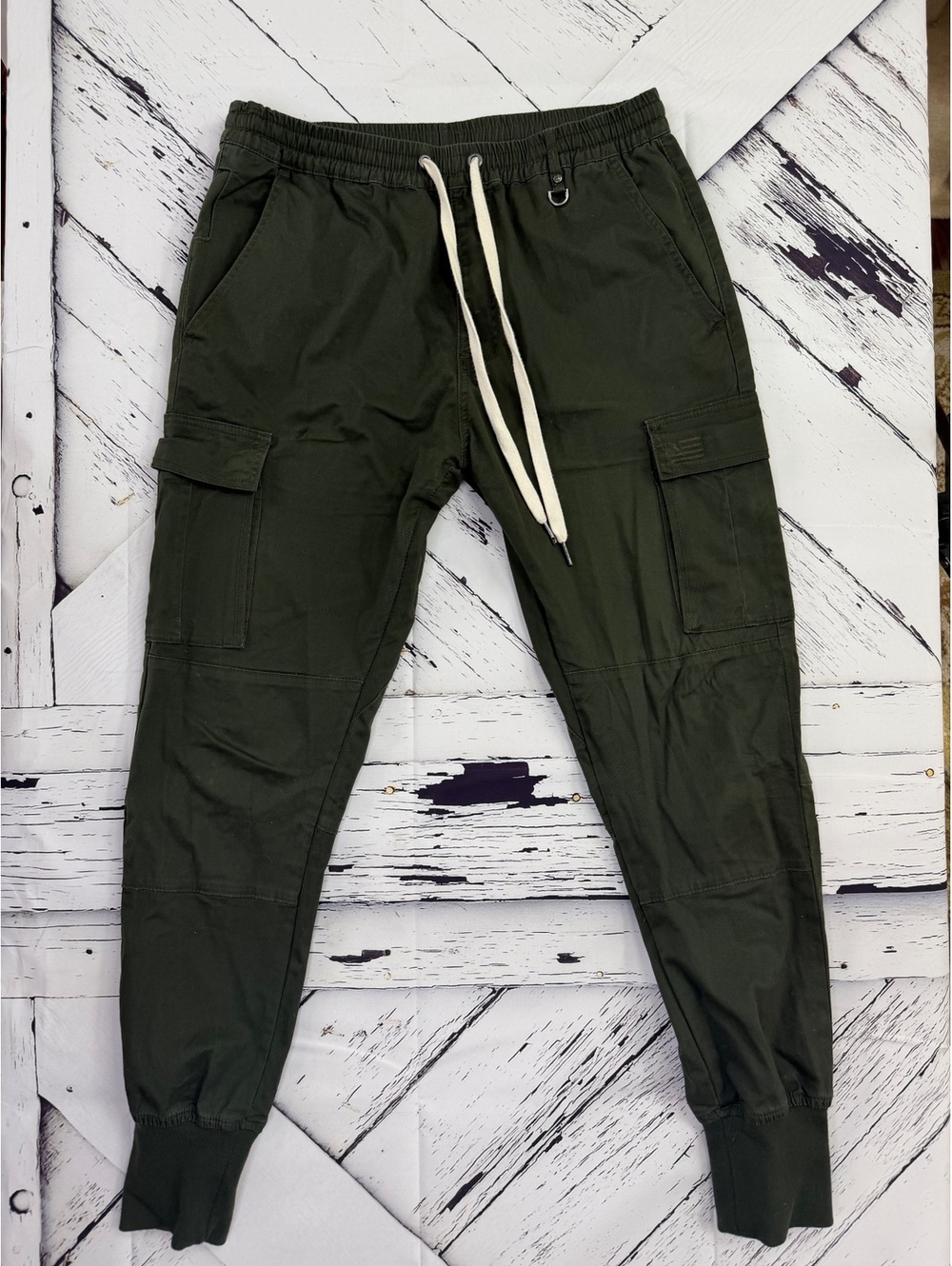 Hyper Denim Streetwear Men’s Moss Green Cargo Jogger Pants Ribbed Cuffs Medium